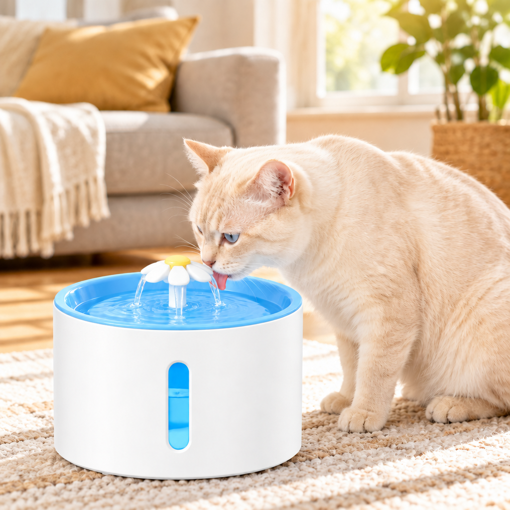 Fontaine à eau pour chat avec détails bleus, buse fleur et chat