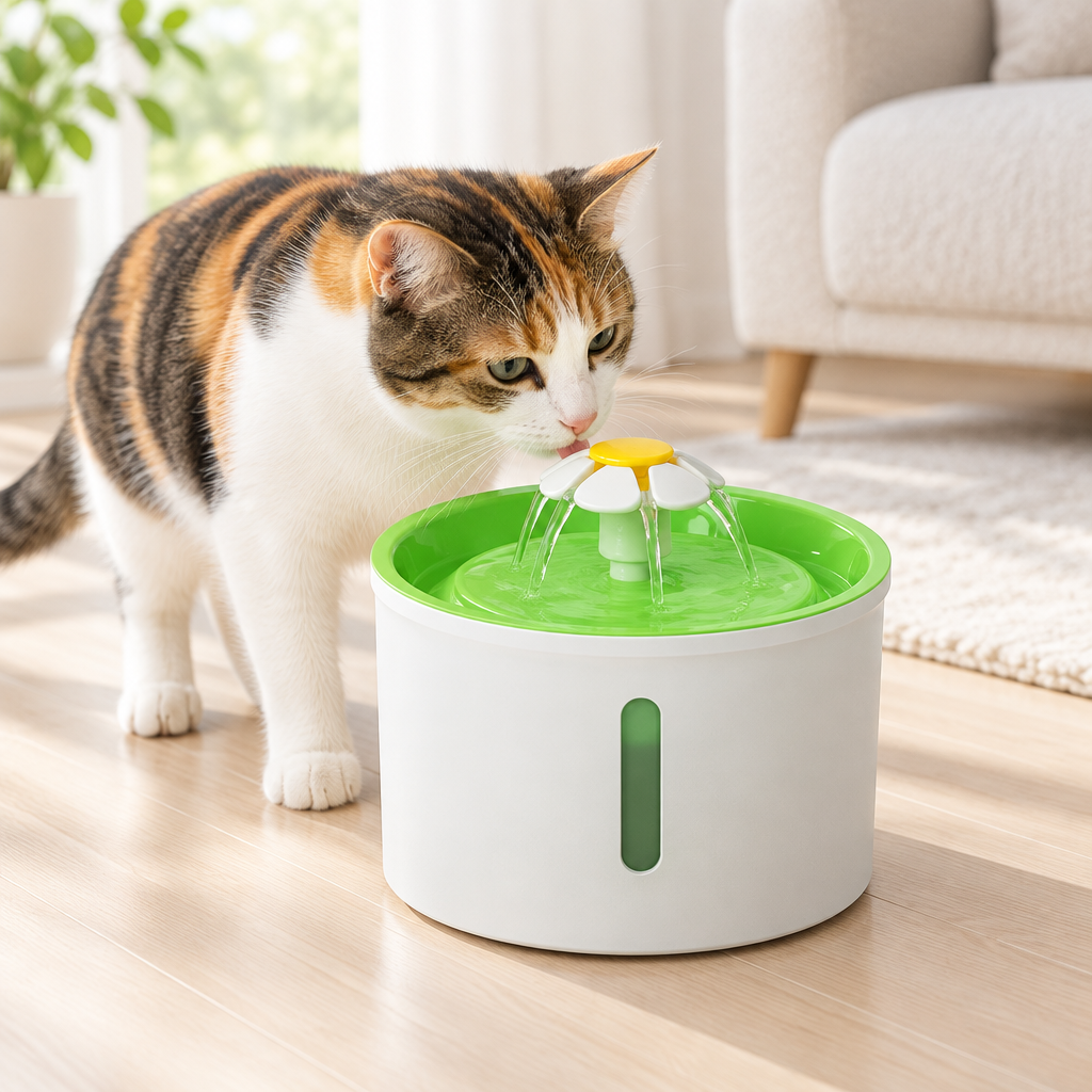 Fontaine à eau pour chat avec détails verts, buse fleur et chat