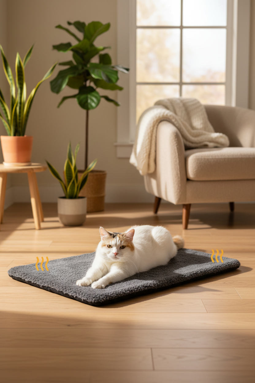 Chat allongé sur un tapis gris dans un intérieur lumineux