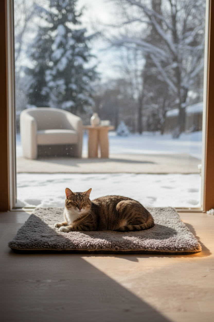 Chat installé sur un tapis doux gris près d’une fenêtre en hiver