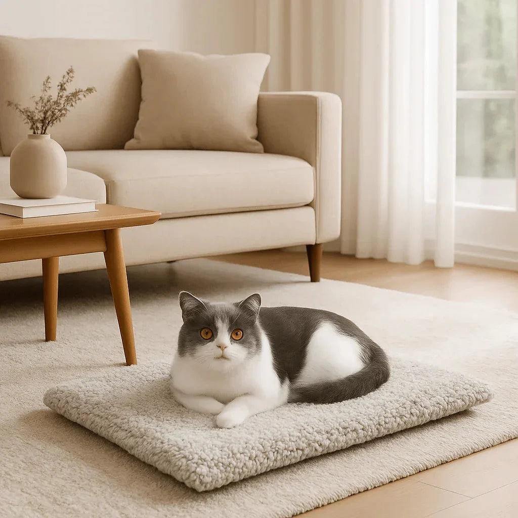 Chat installé sur un tapis auto-chauffant gris dans un salon lumineux