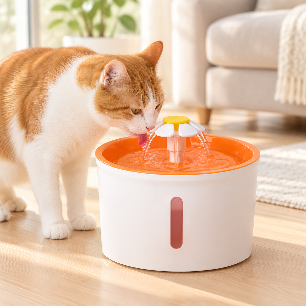 Fontaine à eau pour chat avec détails orange, buse fleur et chat