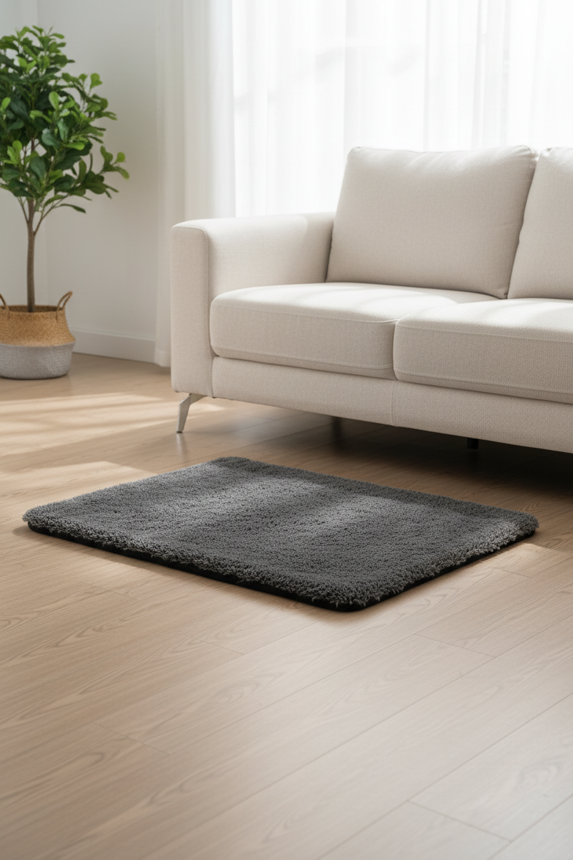 Tapis gris pour chat posé au sol dans un salon