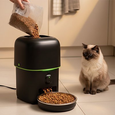 Chat mangeant des croquettes du distributeur automatique Mondechat
