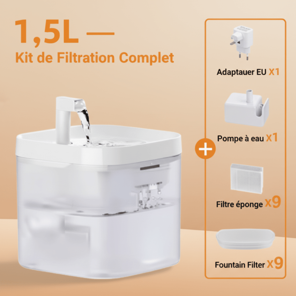 Fontaine à eau silencieuse pour chat - Bien-être et hydratation optimaux + Kit Filtration 9 Filtres Inclus - Mondechat