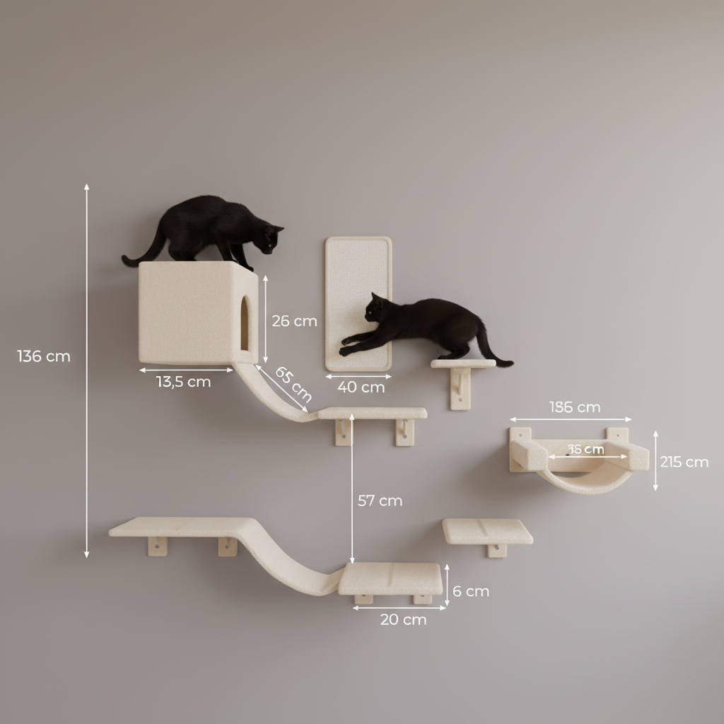 Set Mural 6 Pièces pour Chat | Plateforme + Hamac + Échelles + Griffoir