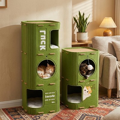 Niche Chat | Tour Modulaire 2 ou 3 Couchages Vert & Brun Design - Mondechat