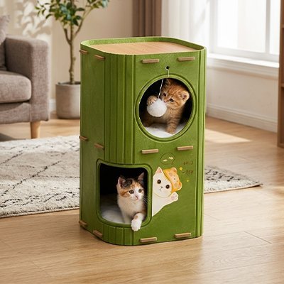 Niche Chat | Tour Modulaire 2 ou 3 Couchages Vert & Brun Design - Mondechat