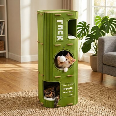 Niche Chat | Tour Modulaire 2 ou 3 Couchages Vert & Brun Design - Mondechat