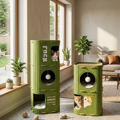 Niche Chat | Tour Modulaire 2 ou 3 Couchages Vert & Brun Design - Mondechat