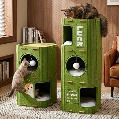 Niche Chat | Tour Modulaire 2 ou 3 Couchages Vert & Brun Design - Mondechat