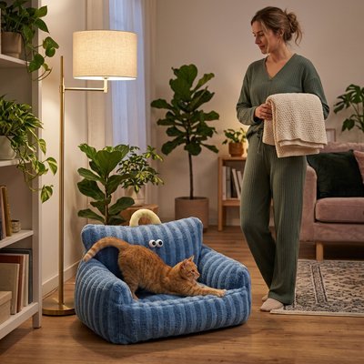 Panier Chat | Canapé Côtelé Yeux Brodés & Ultra-Douillet - Mondechat